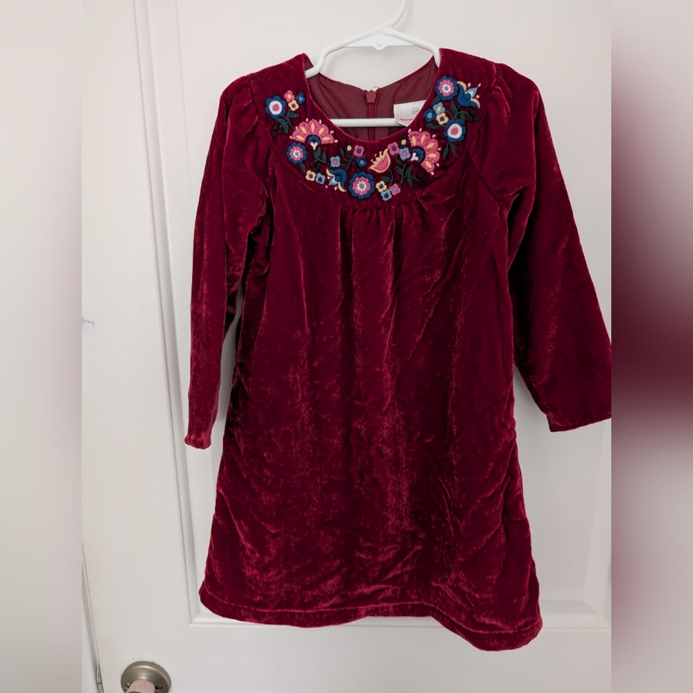 $ Hanna Andersson Velvet Maroon Kids Dress with Floral Embroidery